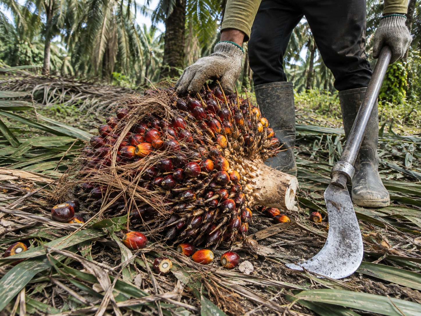 Fresh oil palm fruit bunch beside a pole sickle; AI-generated illustration