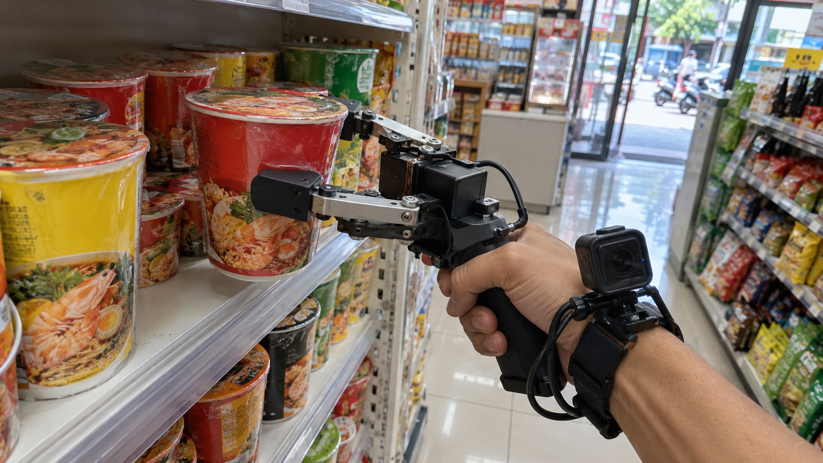 Illustrative handheld gripper restocking a convenience store shelf